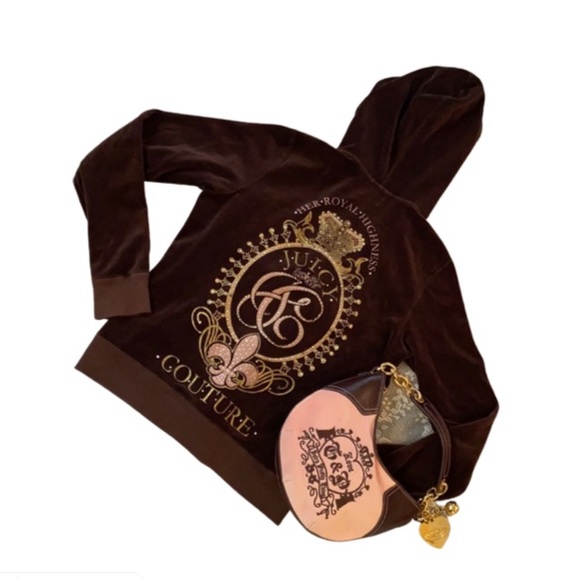 Juicy Couture Sweaters - Y2K Juicy Couture Rich Brown Velour Tracksuit Hoodie Jacket FLEUR DE LIS BLING